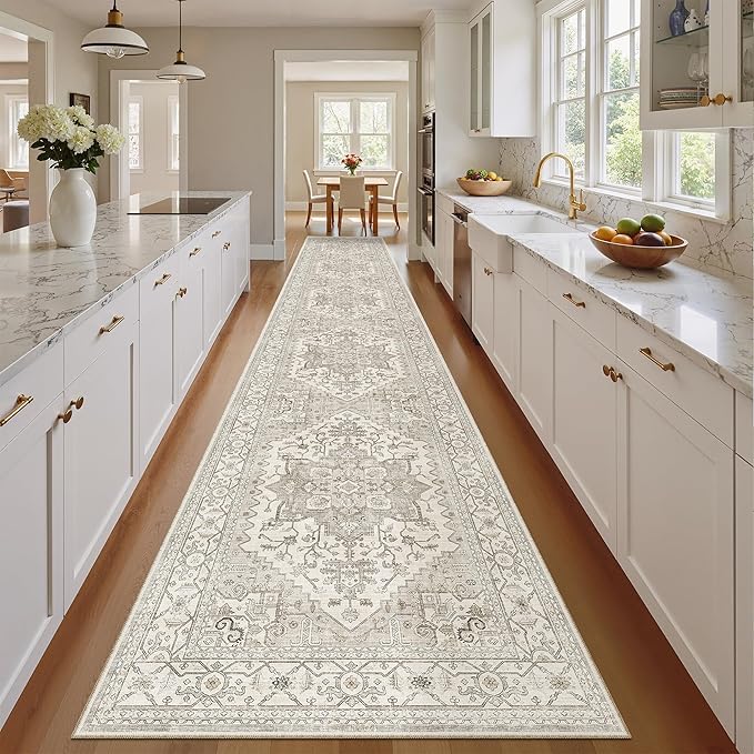 Madane Hallway Runner Rug 2'6''x14', Non Slip Vintage Runners for Hallways Washable Kitchen Rugs Soft Low Pile 2.5x14 ft Rug Runner for Laundry Room, Entryway and Bedroom, Beige/Brown