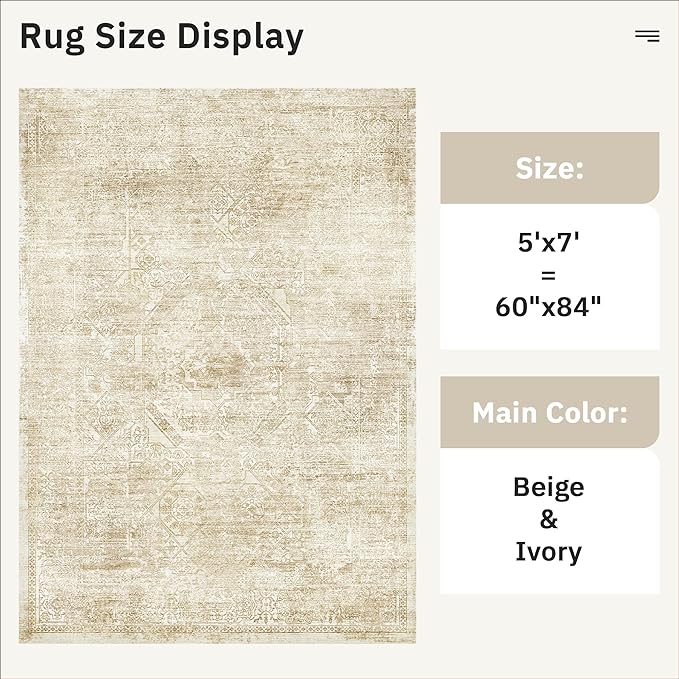 5x7 Area Rugs Beige Low Pile Indoor Washable Trendy Faded Style Floral Rugs for Bedroom Living Room Dining Room Foldable Non-Slip Thin Print Mat