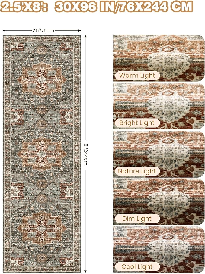 Kitchen Runner Rug Non Slip Washable 2.5x8, Soft Low Pile Entryway Rug Runners for Hallways,Carpet Runner for Living Room,Kitchen, Laundry, Bathroom(Grey/Brown/Tan,2.5'x8')