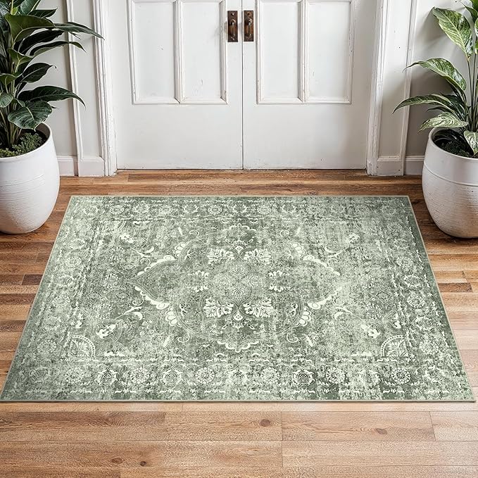 2x3 Entryway Area Rug Washable - Neutral Small Entry Rug Kitchen Rug Runner Vintage Soft Floor Mat Non Slip Indoor Farmhouse Carpet for Bedroom Bathroom Living Room (Muted Sage Green)