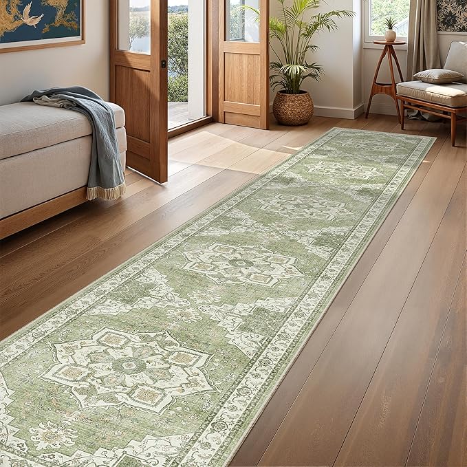 Hallway Runner Rug 2x12, Extra Long Washable Runner Rugs with Rubber Backing, Non Slip Runner, Vintage Rug Runners for Kitchen Laundry Room Entryway (Light Green,2'x12')