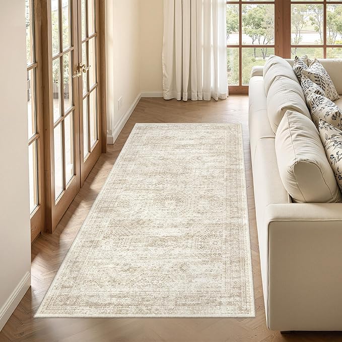 3x8 Runner Rug Non Slip Washable for Entryway, Vintage Hallway Runner for Front Porch, Laundry Room, Bedroom, Abstract Stain Resistant Thin Indoor Kitchen Mats for Floor(3'x8', Beige/Ivory)