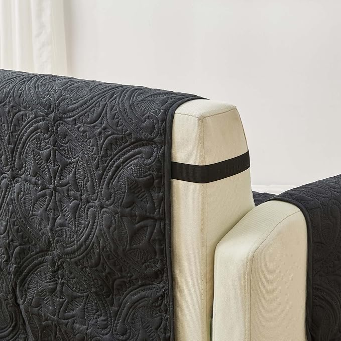 Great Bay Home Reversible Loveseat Cover - Washable Slipcover Furniture Protector with Elastic Straps - Perfect for Kids & Pets - Quilted & Stitched Detail (Black/Taupe)