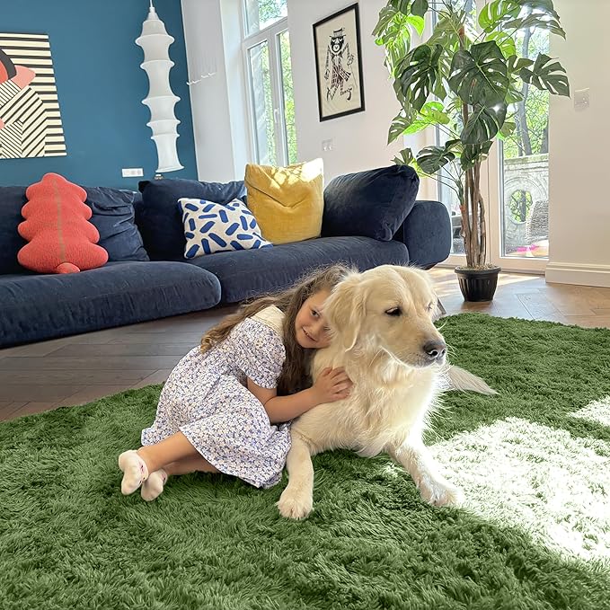 OLANLY 5x8 Machine Washable Large Area Rugs for Living Room, Bedroom, Soft Fluffy Shaggy Bedside Rug, Indoor Floor Carpet for Kids Girls and Boys, Dorms, Nursery, Home Decor Aesthetic, Green