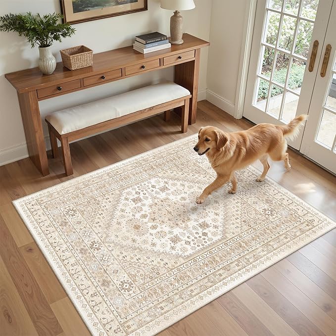 zesthome 3x5 Rug Ultra Soft Washable Rug, Non Slip Area Rug Indoor Entrance, Stain Resistant Rugs for Living Room Bedroom, Vintage Home Decor Area Rugs (Cream/Beige,3'x5')