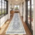 Carpet Runners for Hallway 12ft, Non-Slip Long Bathroom Rugs Runner for Kitchen, Bedroom, Soft Vintage Washable Rug for Entryway, Thin Floor Mat for Dining Room(Blue/Beige,2.5'x12')