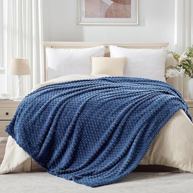 EXQ Home Fleece Blanket Queen Size for Couch or Bed - 3D Imitation Turtle Shell Jacquard Decorative Blankets - Cozy Soft Lightweight Fuzzy Flannel Blanket Suitable for All Seasons(90"×90",Dark Blue)