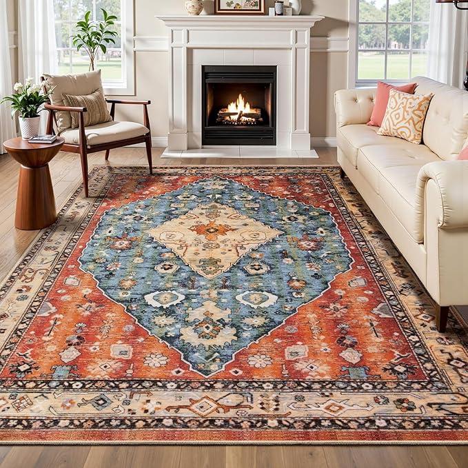 SERISSA Washable Rugs 6x9 Area Rugs, Large Non-Slip Boho Living Room Rug, Ultra Soft Vintage Print Distressed Oriental Tribal Farmhouse Carpet for Dining Room Bedroom Dorm Office Home Decor