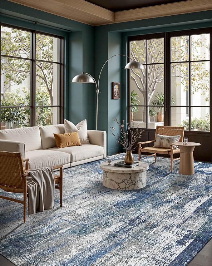 Latte&Fog 6x9 Area Rugs for Living Room Bedroom, Blue Modern Abstract Neutral Washable Rug, Boho Non Slip Low Pile Carpet for Dining Room, Dorm,College Dorm and Farmhouse -Blue Grey