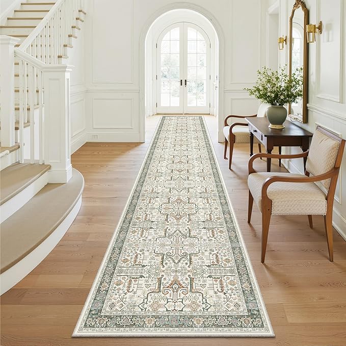 Hallway Washable Runner Rug 2x12 - Non Slip Vintage Kitchen Runner Rugs for Entryway Low-Pile Waterproof Long Runners for Living Room Bedroom Medallion Indoor Floor Mat for Bathroom Laundry Green