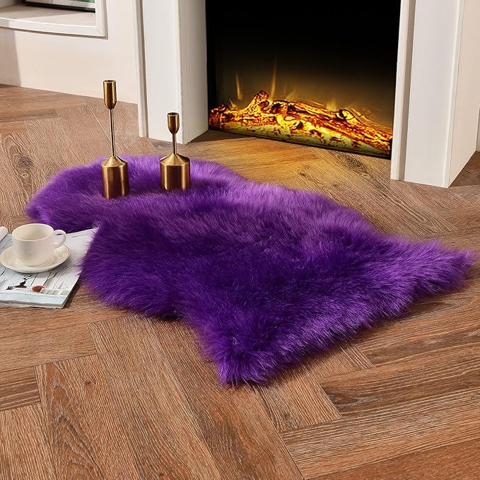 duduta Purple Faux Sheepskin Throw Rug 2x3 ft, Fluffy Shag Fur Chair Cover Small Bedside Dorm Rug Non Slip Machine Washable