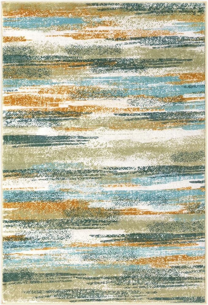 Lansny Modern Abstract 4x6 Living Room Washable Rug Non-Slip Soft Bedroom Area Rug Green Mustard Multi Thin Print Faux Wool Floor Carpet Throw Rugs for Nursery Playroom Dining Room Indoor Office