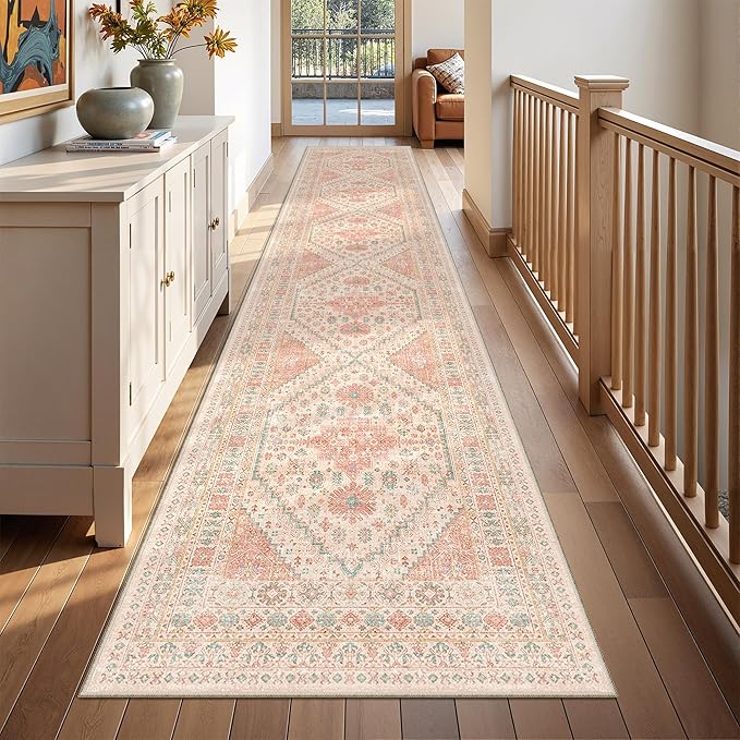 Hallway Runner Rug 2x12, Extra Long Washable Runner Rugs with Rubber Backing, Non Slip Runner, Vintage Rug Runners for Kitchen Laundry Room Entryway (Pink,2'x12')