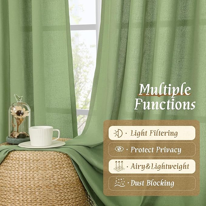 LAMIT Green Linen Curtains 63 inch Length for Bedroom, Faux Linen Light Filtering Window Treatments Neutral Rod Pocket Drapes for Living Room/Farmhouse, 2 Panels Set, 42 x 63 Inch