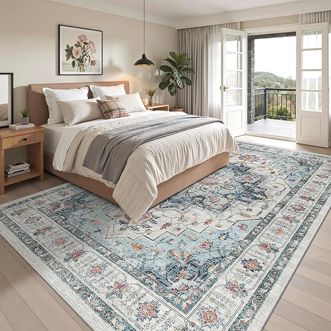 Madane Washable Rug 8x10 Area Rugs for Living Room, Ultra-Thin Non-Slip Backing Rug, Stain Resistant Vintage Large Area Rug for Bedroom (Blue, 8'x10')