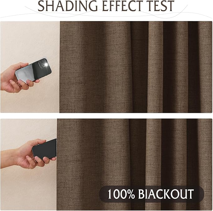 RYB HOME Coffee 100% Blackout Linen Curtains 72 inch Long, Thermal Insulated & Privacy Assurd Drapes for Bedroom/Office/Nursery, Rod Pocket & Back Tab Window Treatment, W52 X L72, 2 Panels