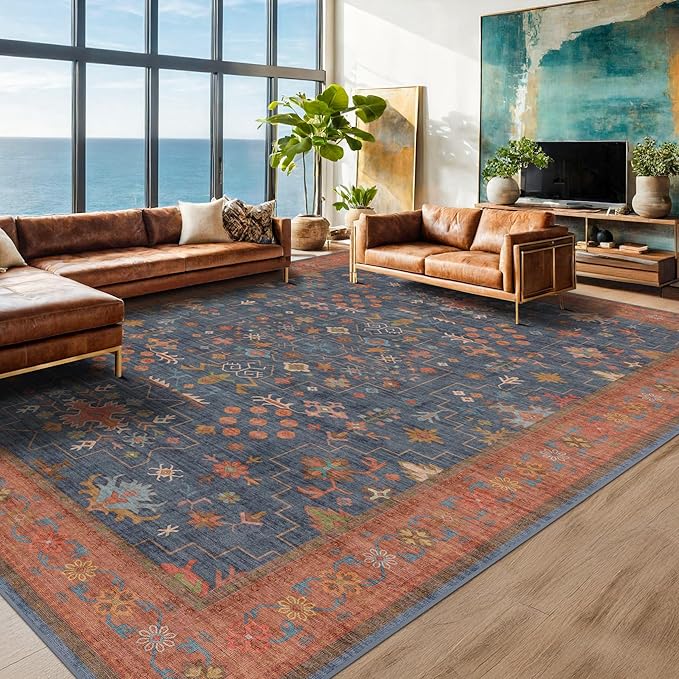 Hazo Haus Dining Room Rugs for Under Table - 6x8 Washable Area Rug for Living Room, Low Pile Non-Slip Rugs for Bedroom - Navy Blue & Terracotta Vintage Boho Eclectic Home Decor