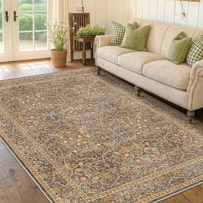 Washable Dining Room Rugs for Under Table - 6x9 Brown Oriental Area Rug for Living Room, Low Pile Non-Slip Floor Carpet for Bedroom Under Bed - Vintage Design & Stain Resistance