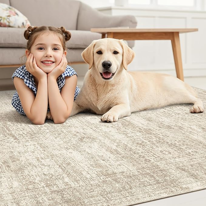 12x15 Washable Area Rug Beige Neutral Abstract Living Room Large Carpet Non Slip Bedroom Indoor Office Dining Room Low Pile Thin Rug