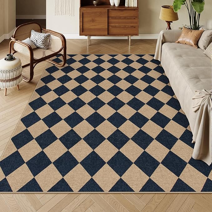 Lahome Colette Checkered Easy Jute Outdoor Rug, Large 6x9 Rug for Living Room Checkerboard Indoor Outdoor Carpet, Farmhouse Patio Office Mat Geometric Non Slip Black Carpet for Backyard Dining Room