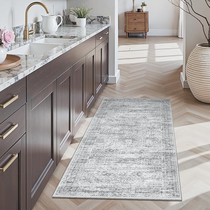 2x4 Washable Rugs for Kitchen, Floor, Entryway, Powder Room Small Area Rug Non-Slip Vintage Low Pile Throw Door Mat Grey
