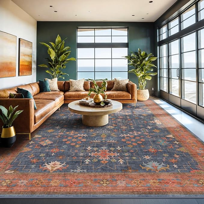Hazo Haus Washable Navy Blue Living Room Rug, 7x10 Area Rug for Bedroom, Dining Table Rugs - Low Pile Non-Slip Rubber Backing Stain Resistant Rug - Aethestic Boho Home Decor