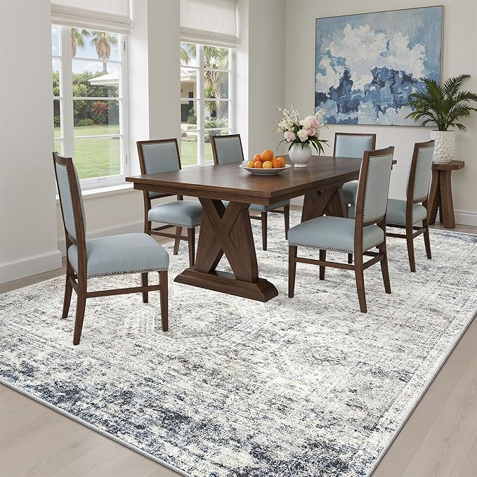 5x7 Area Rugs Blue Ivory Low Pile Indoor Washable Trendy Faded Style Rugs for Bedroom Living Room Dining Room Foldable Non-Slip Thin Print Mat