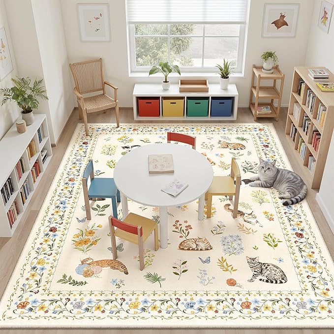 Cat 8x10 Area Rugs for Living Room, Machine Washable Animal Floral Vintage Rug Non-Slip Low Pile Soft Throw Large Rugs for Bedroom Dining Room Kitchen Nursery Playroom (8 x 10,Beige)