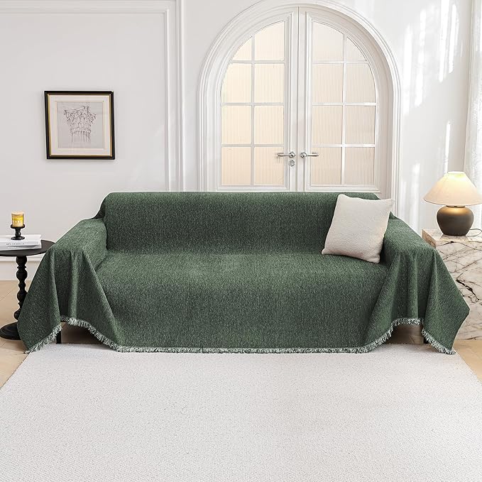 MYSKY HOME Couch Cover for Sofa Couch Covers for Pets, Non Slip Dogs Furniture Protector with Tassels for Living Room Non Slip Washable Furniture Protector Cover for Pet, Cat, 91"x118", Moss Green