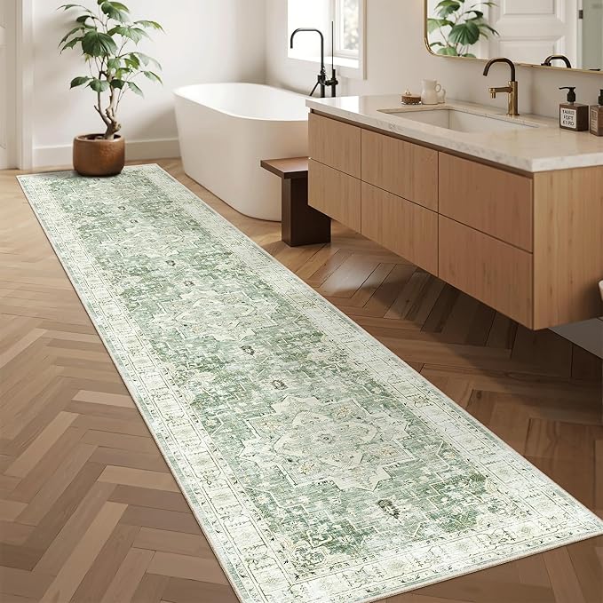 Madane Runner Rugs for Hallway 2x10 Long Washable Non-Slip Hallway Runner Rug Low-Pile Stair Kitchen Runner Soft Throw Carpet for Entrance Living Dining Laundry Room (Green/Ivory, 2 x 10)