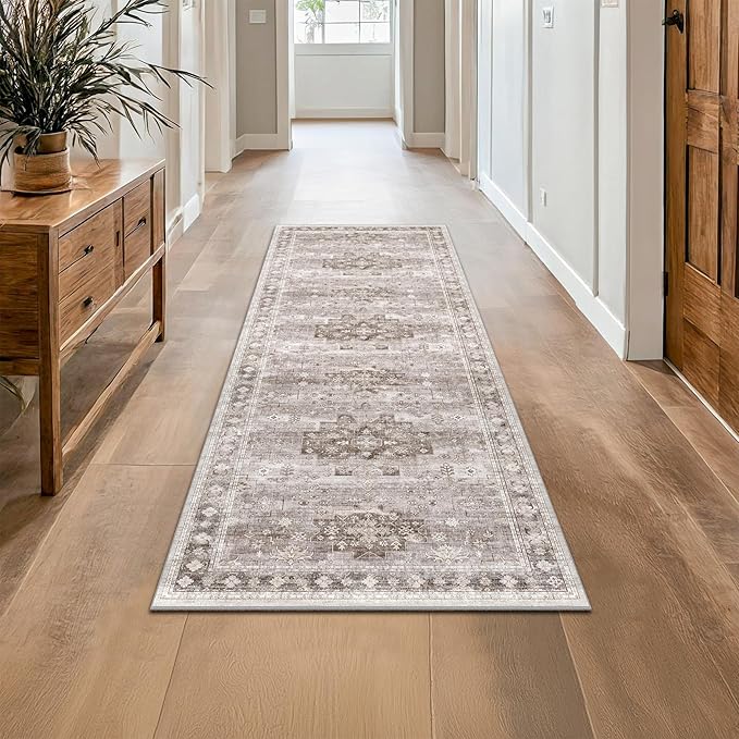 Hazo Haus Boho 2x7 Long Runner, Neutral Farmhouse Hallway Rug, Small Throw Runners for Bedroom, Bathroom, Kitchen, Vintage Floral Decor & Non-Slip Low-Pile Washable Stain Resistant, Latte Beige