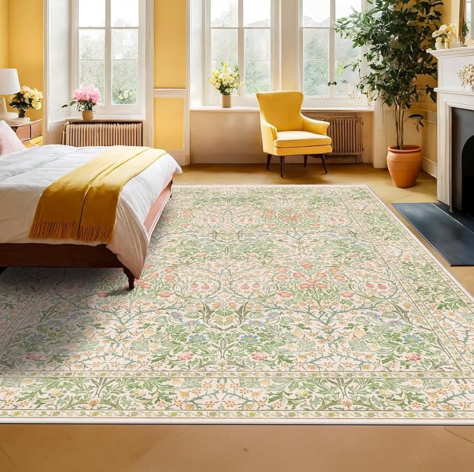 Hazo Haus Light Beige Green Living Room Rug, 6x8 Washable Area Rug for Kids Room, Bedroom, Nursery Room, Living Room, Dining Room, Low Pile Non-Slip - Vintage Design & Stain Resistance