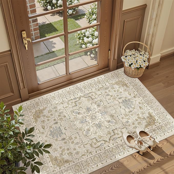 Madane Washable Entry Rug 3x4, Area Rugs for Entryway Kitchen Bathroom Door Mat Indoor Entrance, Vintage Floral Print Office Runner with Non Slip Rubber Backing, Beige/Blue