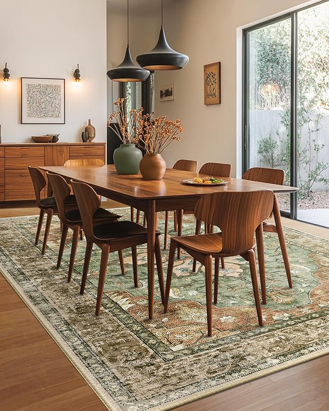 RELEANY Area Rugs 6'x9' Washable Non-Slip, Floral Vintage Distress Print Pattern Medallion Carpet for Living Room Bedroom Dining Room, Brick Red Rust Neutral Brown Burnt Orange Green