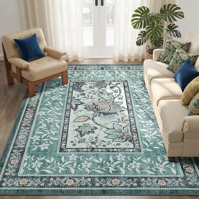 GarveeHome Teal Washable 6x9 Area Rugs, Botanical Grove Vintage Cottagecore Non-Slip Rug for Living Room Bedroom Nursery Kitchen Low-Pile Retro Large Carpet