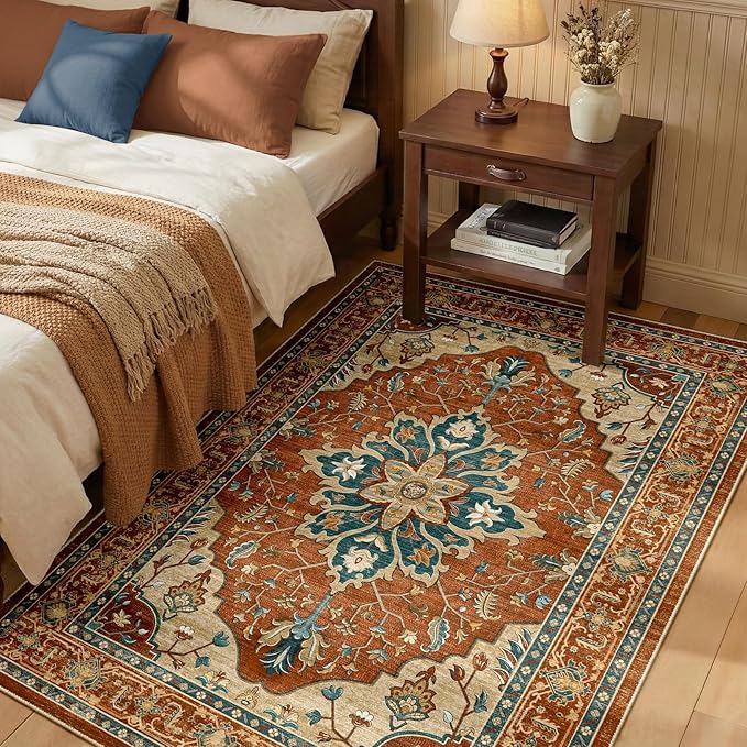 Area Rugs 3'x5' Washable Non-Slip, Floral Vintage Distress Print Pattern Medallion Carpet for Living Room Bedroom Dining Room, Red Orange Blue Brown