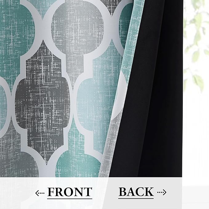 Beauoop 100% Blackout Curtains 63 Inches Long 2 Panels for Bedroom Living Room Aqua Grey Moroccan Geo Room Darkening Thermal Insulated Soundproof Grommet Top Window Treatments Drapes, 50x63 Set of 2