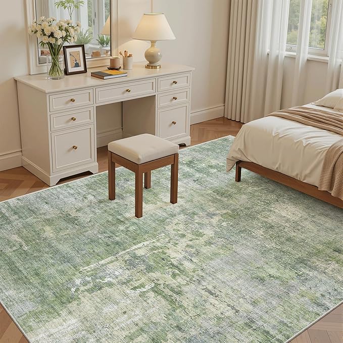 Area Rug 6x9 Abstract Rugs for Living Room 6 x 9 Washable Rugs Green Non Slip Low Pile Rugs for Bedroom Dining Room Foldable Thin