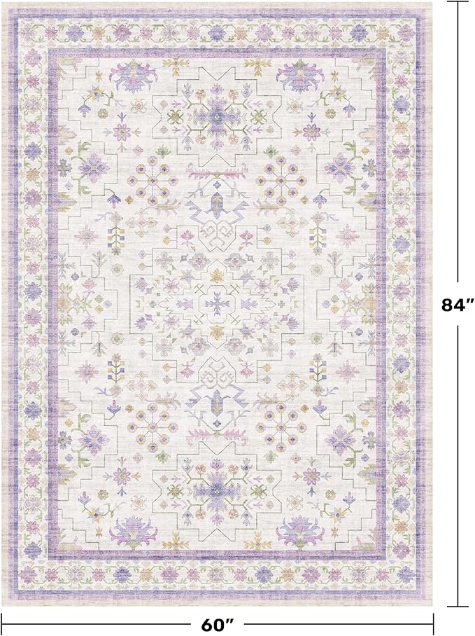 5x7 Light Purple Area Rug for Girls Bedroom, Living Room, Nursery, Non Slip Washable Area Rugs, Lavender and Cream with Green Accent, Low Pile Foldable Carpet