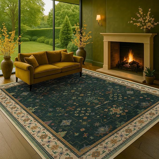 Hazo Haus Dark Green Vintage 7x10 Washable Rugs for Living Room - Dark Academia Victorian Floral Geometric Bedroom Rug, Ultra Soft Thin Low Pile Non-Slip Large Rugs for Lounge