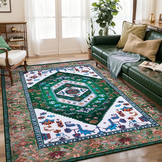 SERISSA 5x7 Boho Area Rug, Washable Non-Slip Rugs for Living Room, Large Green White Rug Ultra Soft Vintage Oriental Print Distressed Carpet for Bedroom Dining Room Dorm Office Home Decor