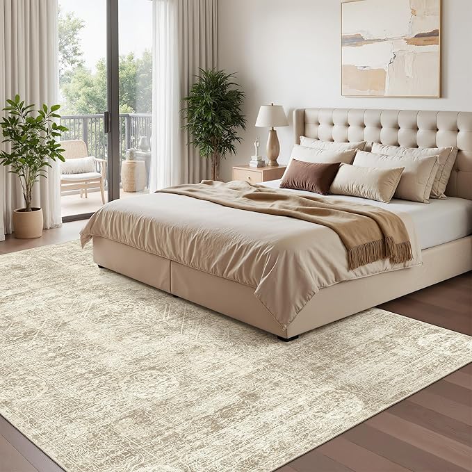Madane 5x7 Area Rugs for Living Room, Washable Vintage Natural Beige Rug with Non-Slip Backing, Soft Floral Print Throw Rugs Floor Low Pile Carpet for Bedroom Dining Room Farmhouse