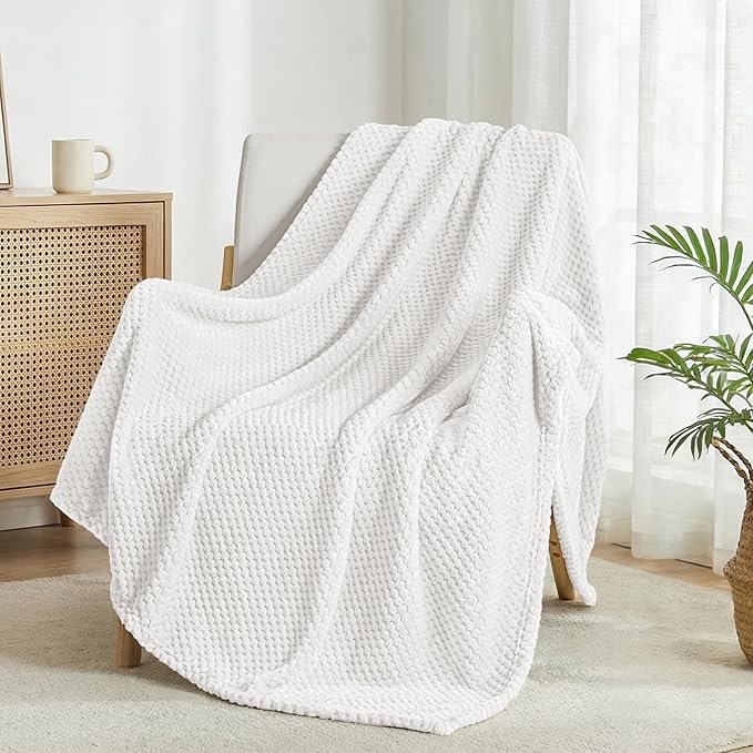 Exclusivo Mezcla Fleece Throw Blanket Extra Large, Super Soft and Warm Blankets for Couch, Sofa and Bed Waffle Textured, Cozy, Fuzzy and Lightweight (Pure White, 50x70 Inches)