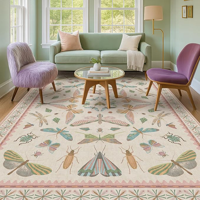 Hazo Haus Washable 5x8 Light Pink Rug for Bedroom - Pink Boho Girl Nursery Rug, Living Room, Nature Insect Bug Print Home Decor