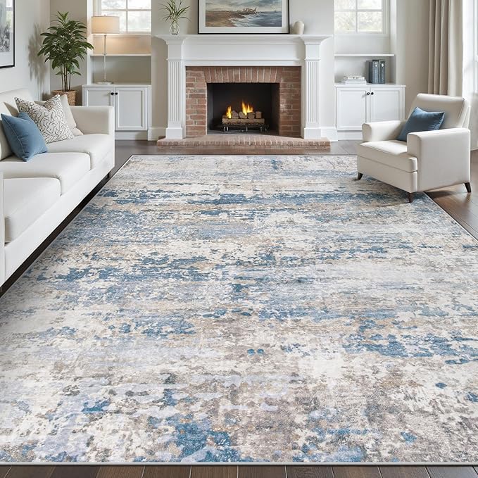 Area Rugs 8x10 for Living Room: Washable Rug Modern Abstract Neutral Soft Non-Slip Low-Pile Indoor Large Carpet for Bedroom Dining Room Playroom Home Office (Light Blue Brown, 8'x10')
