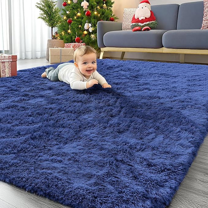 OLANLY 5x5 Area Rugs for Living Room Bedroom, Machine Washable Soft Fluffy Shaggy Bedside Rug, Indoor Floor Carpet for Kids Girls and Boys, Dorms, Nursery Rooms, Home Decor Aesthetic, Navy Blue