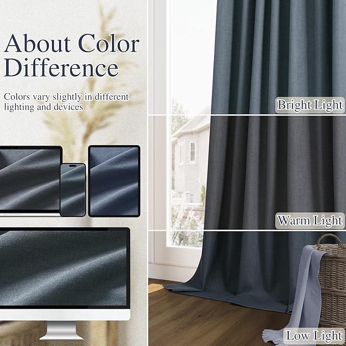 Guken 100% Blackout Linen Curtains 90 Inch Length 2 Panels Set for Living Room Bedroom Back Tab Thermal Insulated Black Out Linen Drapes Room Darkening Window Curtains,Vintage Blue