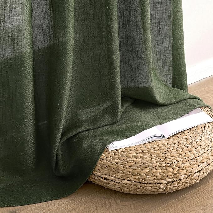 MIULEE Olive Green Linen Curtains 72 Inch Length 2 Panels for Bedroom Living Room, Soft Thick Linen Textured Window Drapes Semi Sheer Light Filtering Back Tab Rod Pocket Burlap Look Decor, W37xL72
