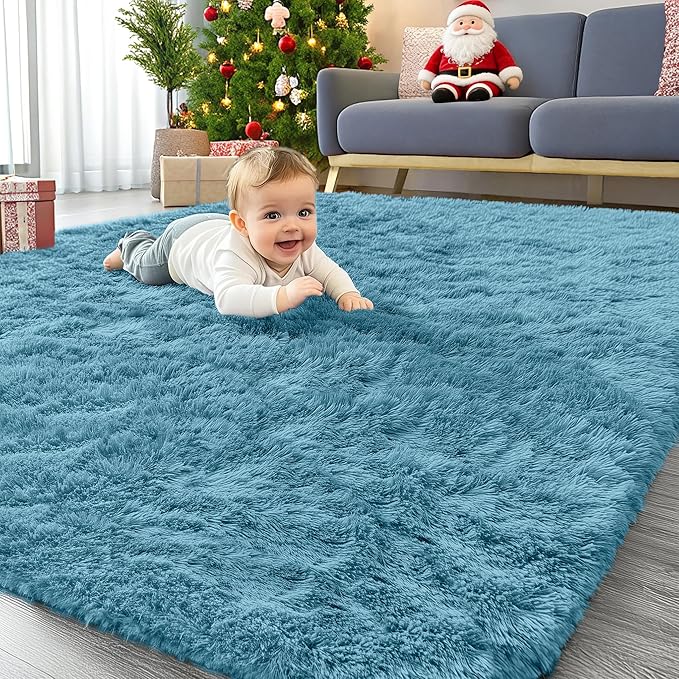OLANLY Area Rugs for Living Room Bedroom, Machine Washable 4x5.9 ft Soft Fluffy Shaggy Bedside Rug, Indoor Floor Carpet for Kids Girls and Boys, Dorms, Nursery Rooms, Home Decor Aesthetic, Slate Blue