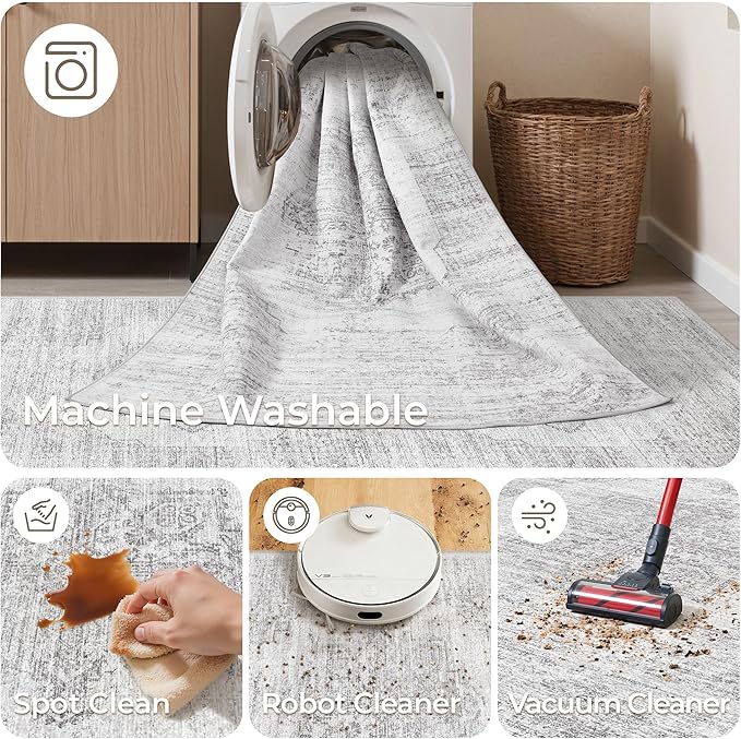 2x8 Runner Rug, Washable Runners for Hallways wirh Rubber Backing, Stain Resistant Kitchen Rug, Soft Thin Carpet Runner for Entrance, Bedroom, Living Room Indoor(2'x8', Light Grey/White)